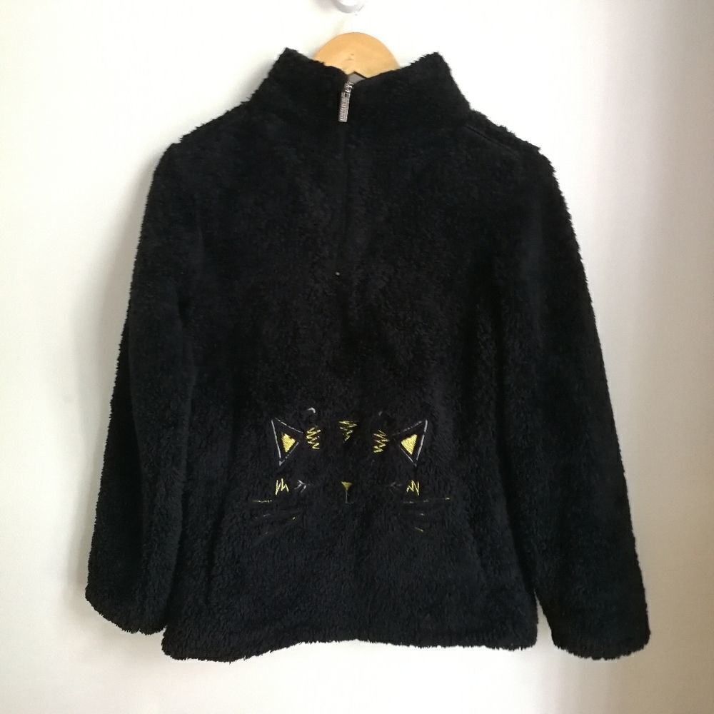 Vie EN ROSE Black Teddy Cosy Warm Cat Embroidery Half Zip Up Sweater Size Small - Picture 3 of 15